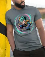 Anime Power Burst Hero Graphic T-Shirt Neon Action Tee - model wearing grey tee, leaning on column