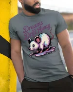 Dreams Drift Away Mouse Graphic T-Shirt Cute Surreal Tee - model wearing grey tee, leaning on column