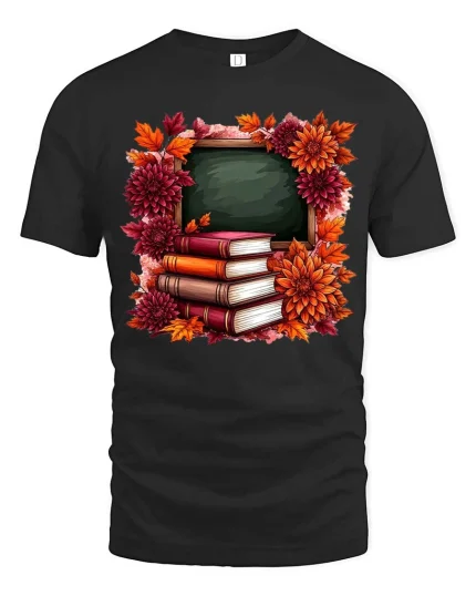 Autumn Teacher Books Chalkboard Graphic T-Shirt Fall School Tee - black t-shirt on white background