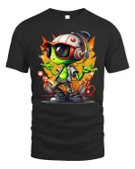 Cool Alien DJ Graphic T-Shirt Neon Space Vibes Tee - black t-shirt on white background