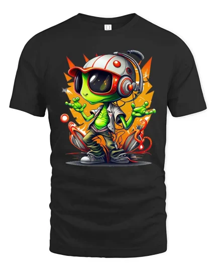 Cool Alien DJ Graphic T-Shirt Neon Space Vibes Tee - black t-shirt on white background