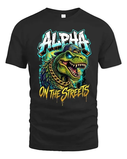 Alpha Dino Street Style Graphic T Shirt Urban Hip Hop Tee - black t-shirt on white background