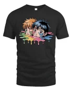 Melting Anime Duo Graphic T Shirt Color Drip Art Tee - black t-shirt on white background