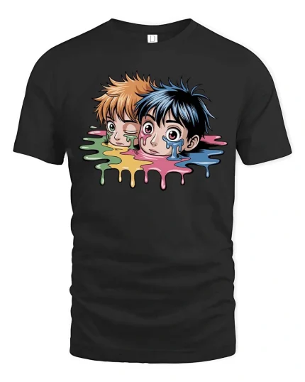 Melting Anime Duo Graphic T Shirt Color Drip Art Tee - black t-shirt on white background