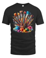 Colorful Paint Brushes Artist Graphic T Shirt Creative Art Tee - black t-shirt on white background