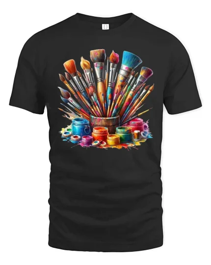 Colorful Paint Brushes Artist Graphic T Shirt Creative Art Tee - black t-shirt on white background