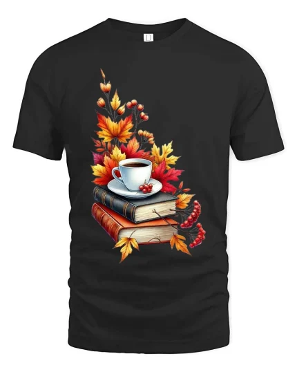 Cozy Autumn Coffee Books Graphic T-Shirt Fall Reading Tee - black t-shirt on white background