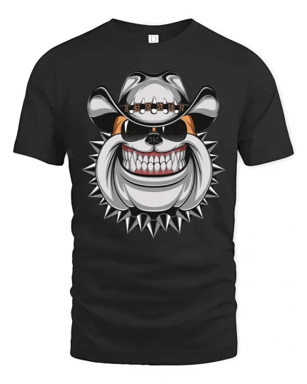 Bulldog Cowboy Graphic T Shirt Tough Biker Style Dog Tee - black t-shirt on white background