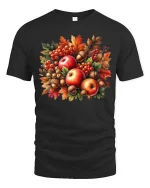 Autumn Apples Acorns Leaves Graphic T-Shirt Fall Harvest Tee - black t-shirt on white background