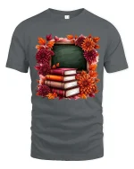 Autumn Teacher Books Chalkboard Graphic T-Shirt Fall School Tee - gray t-shirt on white background