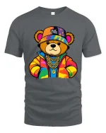 Cool Streetwear Teddy Bear Graphic T-Shirt Hip Hop Style Tee - gray t-shirt on white background