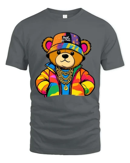 Cool Streetwear Teddy Bear Graphic T-Shirt Hip Hop Style Tee - gray t-shirt on white background