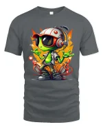 Cool Alien DJ Graphic T-Shirt Neon Space Vibes Tee - gray t-shirt on white background