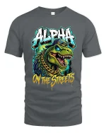 Alpha Dino Street Style Graphic T Shirt Urban Hip Hop Tee - gray t-shirt on white background