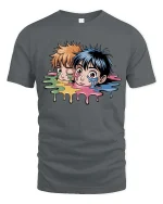 Melting Anime Duo Graphic T Shirt Color Drip Art Tee - gray t-shirt on white background