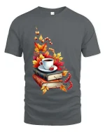 Cozy Autumn Coffee Books Graphic T-Shirt Fall Reading Tee - gray t-shirt on white background