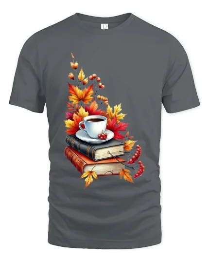 Cozy Autumn Coffee Books Graphic T-Shirt Fall Reading Tee - gray t-shirt on white background