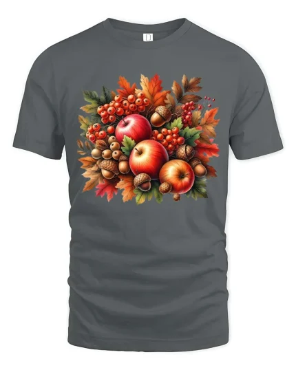 Autumn Apples Acorns Leaves Graphic T-Shirt Fall Harvest Tee - gray t-shirt on white background