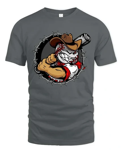 Outlaw Baseball Cowboy Graphic T-Shirt Wild West Sports Tee - gray t-shirt on white background