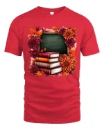 Autumn Teacher Books Chalkboard Graphic T-Shirt Fall School Tee - red t-shirt on white background