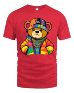 Cool Streetwear Teddy Bear Graphic T-Shirt Hip Hop Style Tee - red t-shirt on white background