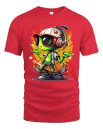 Cool Alien DJ Graphic T-Shirt Neon Space Vibes Tee - red t-shirt on white background