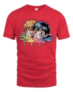 Melting Anime Duo Graphic T Shirt Color Drip Art Tee - red t-shirt on white background