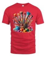 Colorful Paint Brushes Artist Graphic T Shirt Creative Art Tee - red t-shirt on white background