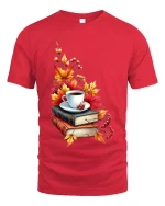 Cozy Autumn Coffee Books Graphic T-Shirt Fall Reading Tee - red t-shirt on white background