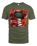 Autumn Teacher Books Chalkboard Graphic T-Shirt Fall School Tee - military green t-shirt on white background