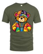 Cool Streetwear Teddy Bear Graphic T-Shirt Hip Hop Style Tee - military green t-shirt on white background