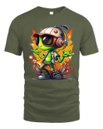 Cool Alien DJ Graphic T-Shirt Neon Space Vibes Tee - military green t-shirt on white background
