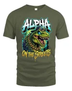 Alpha Dino Street Style Graphic T Shirt Urban Hip Hop Tee - military green t-shirt on white background