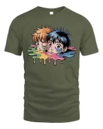 Melting Anime Duo Graphic T Shirt Color Drip Art Tee - military green t-shirt on white background