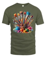 Colorful Paint Brushes Artist Graphic T Shirt Creative Art Tee - military green t-shirt on white background