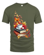 Cozy Autumn Coffee Books Graphic T-Shirt Fall Reading Tee - military green t-shirt on white background