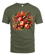 Autumn Apples Acorns Leaves Graphic T-Shirt Fall Harvest Tee - military green t-shirt on white background