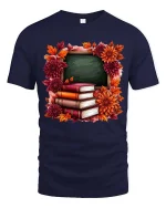 Autumn Teacher Books Chalkboard Graphic T-Shirt Fall School Tee - navy t-shirt on white background