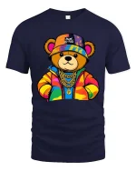 Cool Streetwear Teddy Bear Graphic T-Shirt Hip Hop Style Tee - navy t-shirt on white background