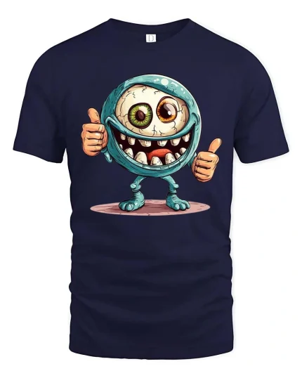 Funny Cyclops Monster Thumbs Up Graphic T-Shirt Cute Creepy Tee - navy t-shirt on white background