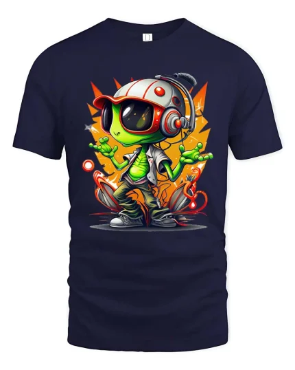 Cool Alien DJ Graphic T-Shirt Neon Space Vibes Tee - navy t-shirt on white background