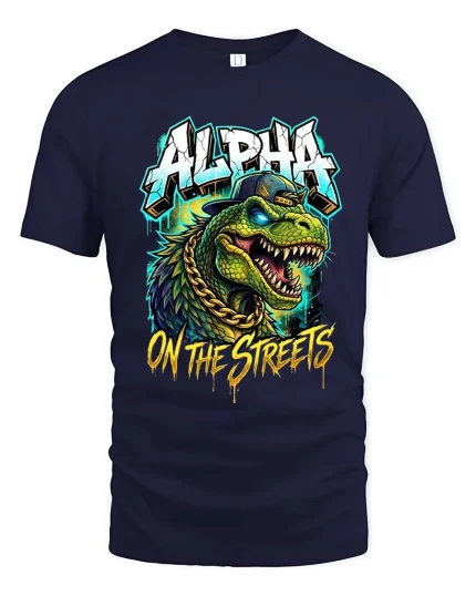 Alpha Dino Street Style Graphic T Shirt Urban Hip Hop Tee - navy t-shirt on white background