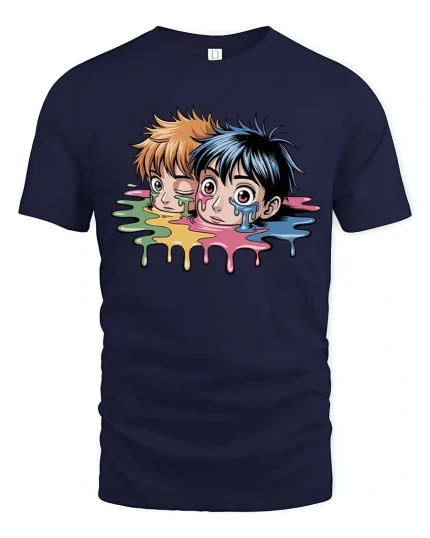 Melting Anime Duo Graphic T Shirt Color Drip Art Tee - navy t-shirt on white background