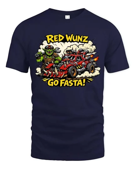 Red Wunz Go Fasta Orc Racing Graphic T Shirt Funny Tee - navy t-shirt on white background
