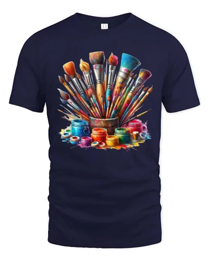 Colorful Paint Brushes Artist Graphic T Shirt Creative Art Tee - navy t-shirt on white background