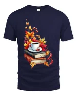 Cozy Autumn Coffee Books Graphic T-Shirt Fall Reading Tee - navy t-shirt on white background