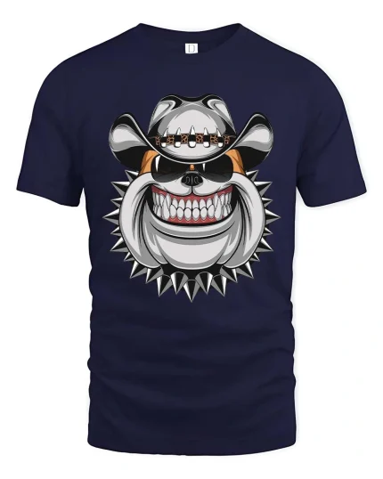 Bulldog Cowboy Graphic T Shirt Tough Biker Style Dog Tee - navy t-shirt on white background