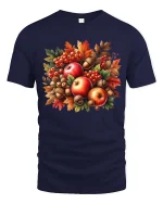 Autumn Apples Acorns Leaves Graphic T-Shirt Fall Harvest Tee - navy t-shirt on white background