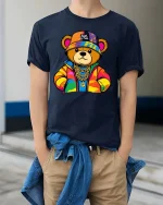 Cool Streetwear Teddy Bear Graphic T-Shirt Hip Hop Style Tee - model wearing navy tee with hands in pockets