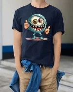 Funny Cyclops Monster Thumbs Up Graphic T-Shirt Cute Creepy Tee - model wearing navy tee with hands in pockets